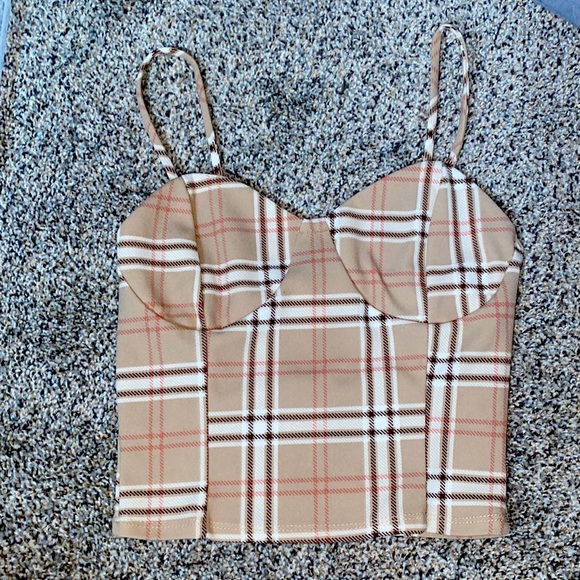T.I.M.I.N.G Tops - Brown crop top with a red and white pattern.